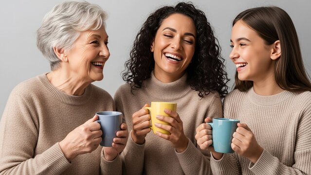 Three Generations of Happy Women Laughing and Holding Coffee Mugs Together