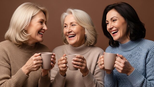 Three Happy Mature Women Laughing Together Over Coffee