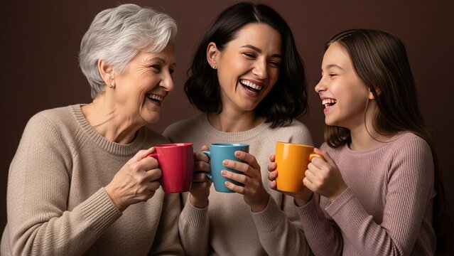 Three Generations of Happy Women Laughing and Holding Colorful Coffee Mugs