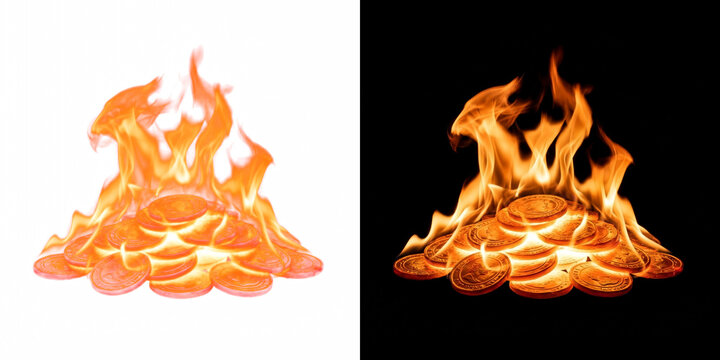 Flaming treasure coin pile with molten gold light fire overlay isolated on transparent background