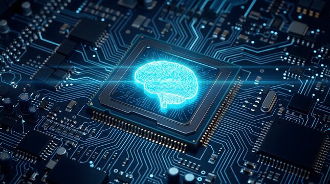 Glowing neon human brain icon integrated into a central computer processor chip on a motherboard with blue circuit lines for artificial intelligence and machine learning concept