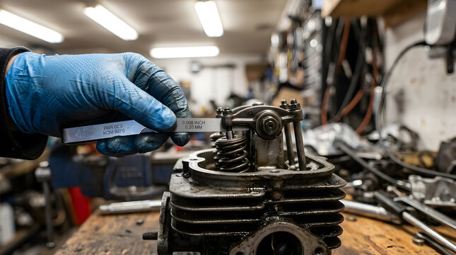 Mechanic in gloved hand measuring engine valve clearance using feeler gauge in auto repair shop.