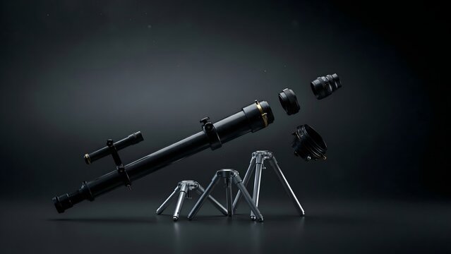 Optical telescope components arranging along diagonal axis in dark room &ndash; Ideal for telescope assembly, space discovery, astronomy, or optics.