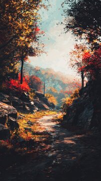 A path winds through a colorful autumnal forest.