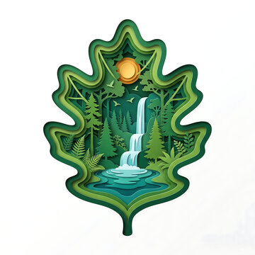 Layered Paper-Cut Poster of a Leaf Enclosing a Forest and Waterfall