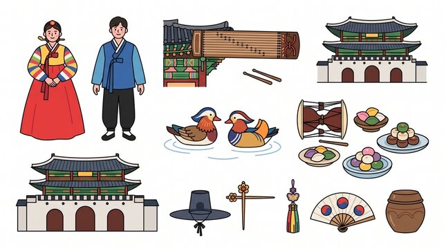 Korean cultural icons set, traditional hanbok clothing and palace architecture, oriental folk art elements for travel and tourism