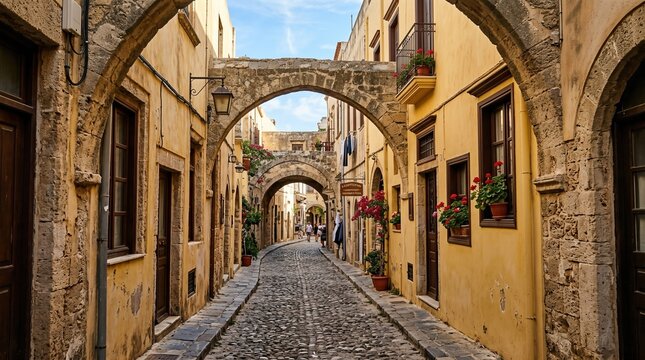 A tight cobblestone lane in Rhodes Old Town, Greece, flanked by stone arches, yellow walls, and brown windows