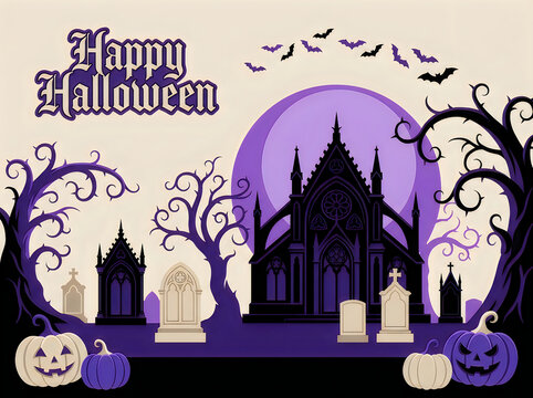 Happy halloween greeting card with haunted castle cemetery and spooky pumpkins