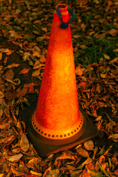 Orange traffic cone on autumn leaves