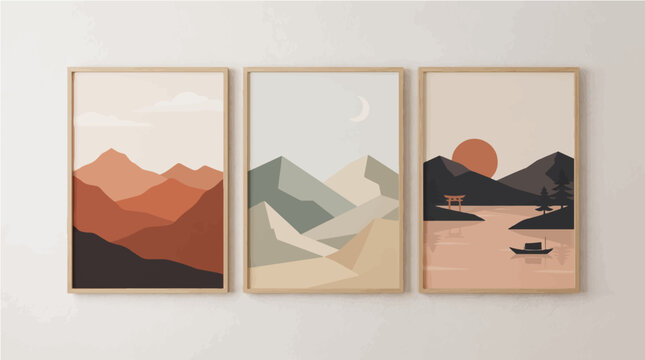 Minimalist landscape vector illustration set featuring modern mountain art prints with muted earth tones displayed inside simple wooden picture frames