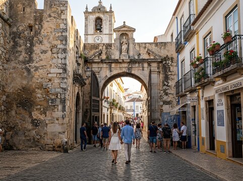 Access to Faro&rsquo;s historic downtown via medieval walls in Algarve, Portugal