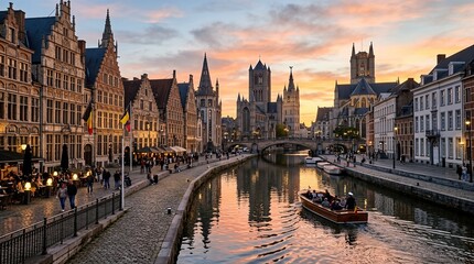 Naklejka premium Ghent, Belgium's historic city, glows at sunset