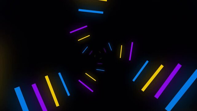 Futuristic neon light strips rotating in a seamless vortex tunnel on a dark background