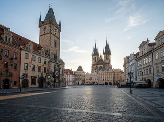 Naklejka premium In Prague’s Old Town Square, the city lies deserted at sunrise, with no people amid the historic Gothic architecture and the renowned Astronomical Clock Tower, creating a stunning urban tableau