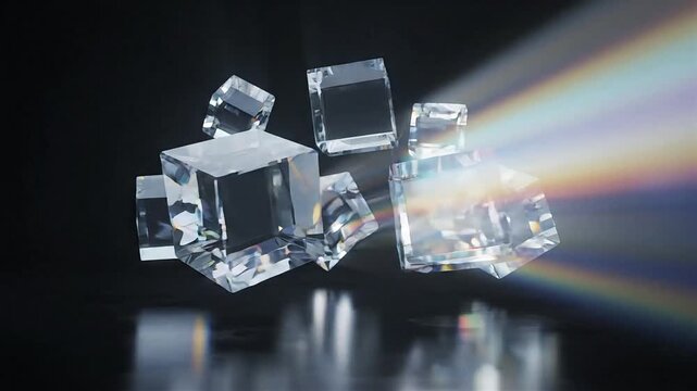 Floating Crystal Cubes with Rainbow Light Refraction