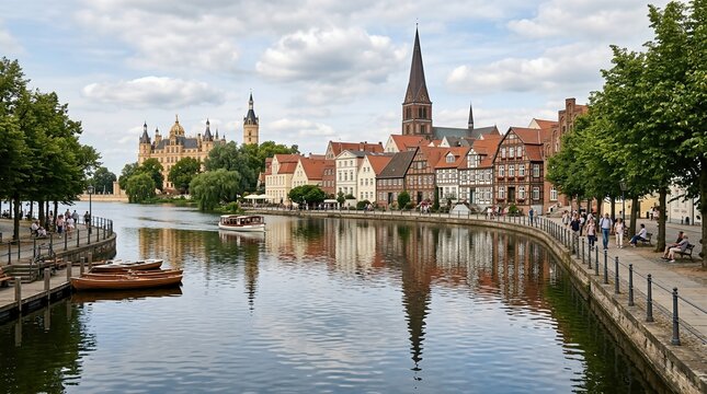 The old town of Schwerin, with its historic houses overlooking Pfaffenteich lake, lies in Mecklenburg‑Vorpommern, Germany