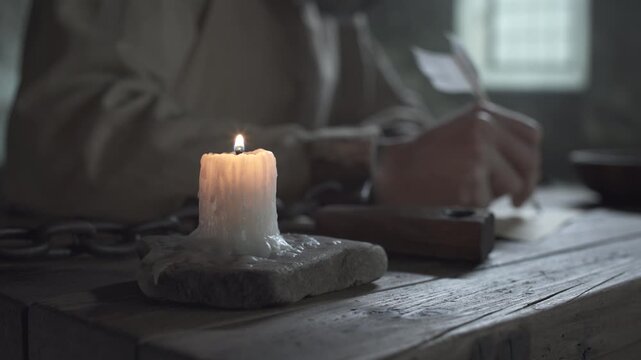 Burning candle on a rustic wooden table against a blurred background of a medieval prisoner in iron shackles writing with a quill pen inside a gloomy cell