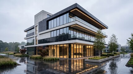 Fototapeta premium Low angle view of modern glass commercial building exterior after rain on cloudy day