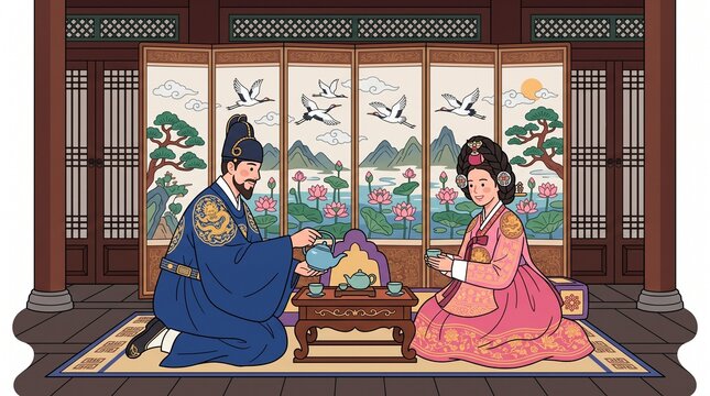 Traditional Korean royal tea ceremony illustration, Joseon dynasty king and queen in hanbok, historical palace interior scene