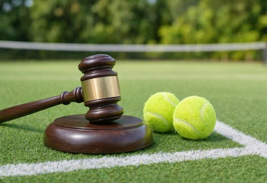 Wooden gavel rests on tennis court beside balls, symbolizing sports law, justice, fair play, arbitration, competition rules, penalties, and dispute resolution.