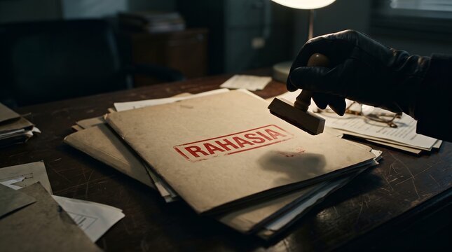 ​A gloved hand stamping a classified document folder with the Indonesian word RAHASIA in red ink on a dark office desk.
