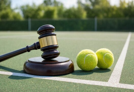 Wooden gavel rests on tennis court beside balls, symbolizing sports law, justice, fair play, arbitration, competition rules, penalties, and dispute resolution.