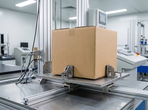 Brown cardboard box clamped on testing platform inside automated quality assurance laboratory for package compression stress and durability evaluation