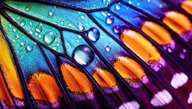 macro close up of colorful butterfly wing texture with water droplets