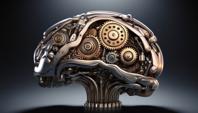 metalic brain made from engine parts represent engineering idea conception