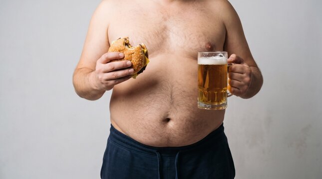 Overweight man holding a hamburger and a beer mug against a neutral background.