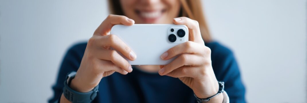 Woman hands hold smartphone taking photo or video stream. Smiling Asian photographer taking photo with cell phone, looking camera. Person holding smart phone. Social media content creation, selfie