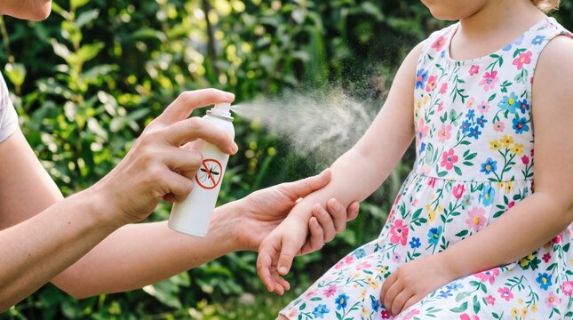 Parent applying insect repellent spray to childs arm outdoors in summer.