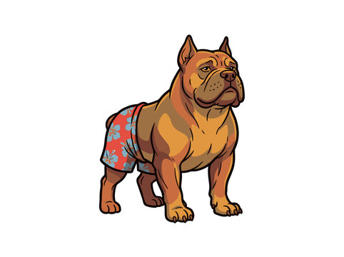 Cool summer American Bully dog wearing Hawaiian floral swim trunks, vector cartoon illustration for mascot design and apparel print.