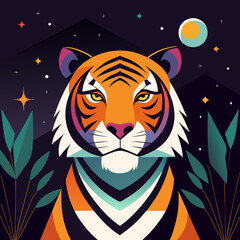 Fototapeta premium Cute stylized tiger looking at the moon