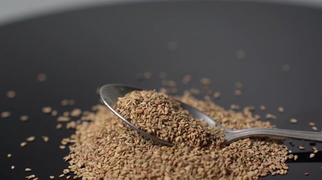 Close-up of Carom Seeds (Trachyspermum ammi) on a Spoon and Scattered on a Dark Surface, Slow Motion Pour