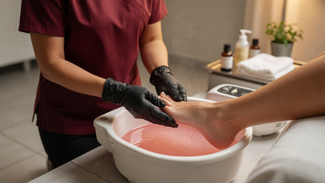 Beautician hands in gloves guiding client foot in paraffin wax bath, spa beauty treatment and foot care