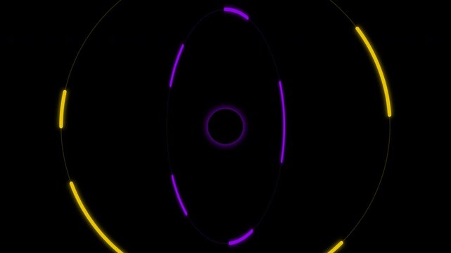 Futuristic motion graphic animation of multi-colored glowing rings rotating like a digital gyroscope on a black background.