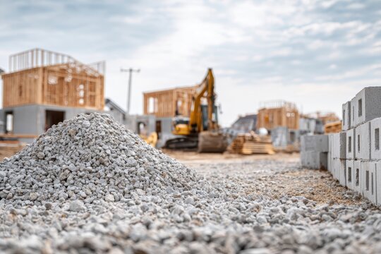 Pile of crushed stones and gravel debris for build. Excavator digs ground near house framing. Residential construction site heavy machinery rental, quarry mineral materials supply industry banner.