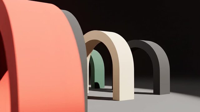 Abstract arch animation featuring colorful geometric shapes moving through a minimalist studio space with dramatic lighting and modern design elements for creative commercial video projects