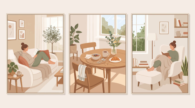 Cozy apartment interior collection featuring serene women relaxing in tranquil home settings depicted as a minimalist modern vector graphic art style