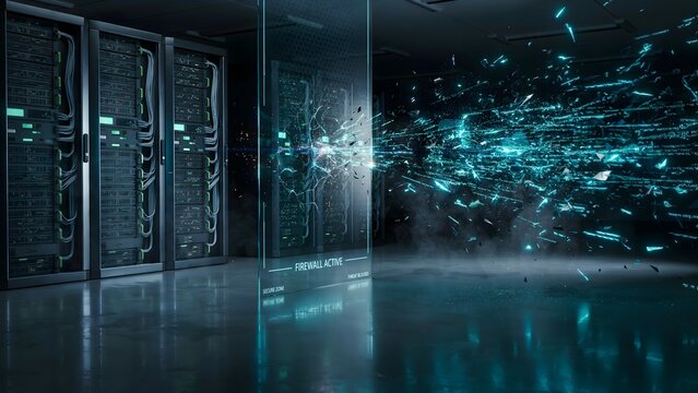 Transparent firewall dividing secure server cluster &ndash; Great for data center protection, network security, or cloud safety.