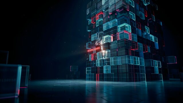 Glowing data block firewall wall with bright gap &ndash; Perfect for cybersecurity threats, system vulnerability, or tech ads.