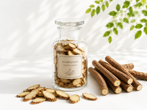 Dried Licorice Root Stored in a Glass Jar on White Background