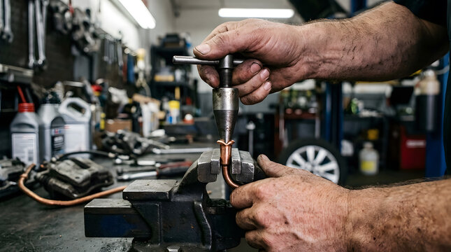 Auto mechanic flaring copper brake line end using flaring tool and bench vise in workshop.