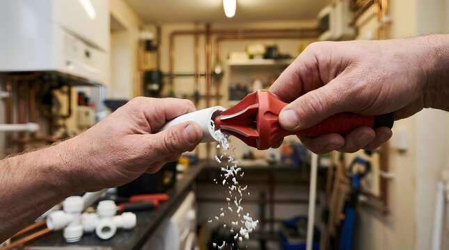 Plumber using reamer deburring tool to clear shavings from inner edge of white plastic pipe.