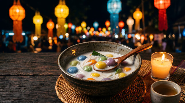Traditional Thai dessert Bua Loi colorful rice balls in warm coconut milk served in ceramic bowl with lantern festival background