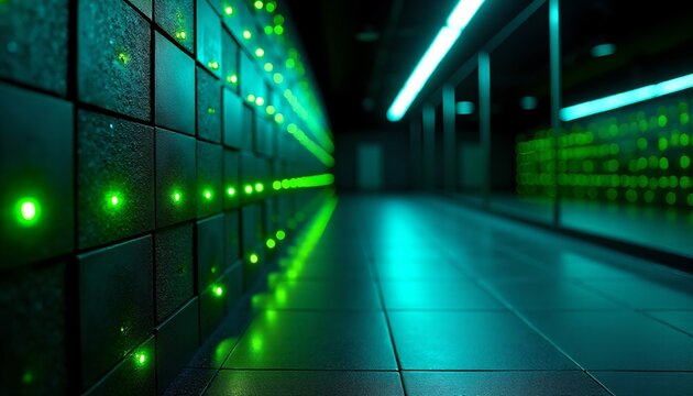 Futuristic metallic scifi corridor with glowing green data lights