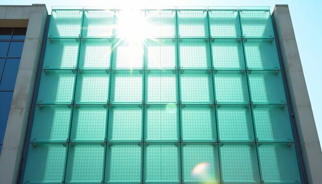 Futuristic teal glass building facade with sun flare and grid pattern