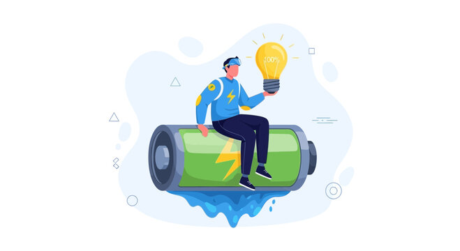 Person in VR headset sitting on a fully charged battery, holding a bright idea lightbulb, representing innovation and energy.