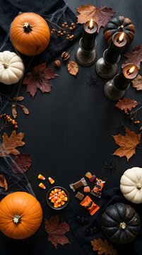 Halloween flat lay with pumpkins, black candles, spider webs, autumn leaves and candy on a black background, elegant composition, copy space, ultra realistic, no text, no logo, no watermark
